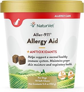 NaturVet Aller-911 Advanced Allergy Aid for Dogs, Cats – Antioxidant-Rich Pet Supplement with Omegas, DHA, EPA – Helps Support Dog Immune System, Cat Respiratory Health, Skin Moisture 70 Soft Chews