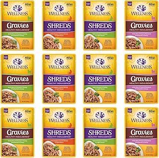 Wellness Healthy Indulgence Natural Grain Free Wet Cat Food, 3-Ounce Pouch (3) Shred Chicken & Turkey, (3) Shred Skipjack Tuna & Shrimp, (3) Gravie Chicken & Turkey, (3) Gravie Tuna & Mackerel (12 PK)