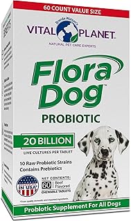 Vital Planet - Flora Dog Probiotic Chewable Tablets Supplement with 20 Billion Cultures and 10 Strains, High Potency Immune and Digestive Support Probiotics for Dogs, 60 Beef Flavored Chewable Tablets