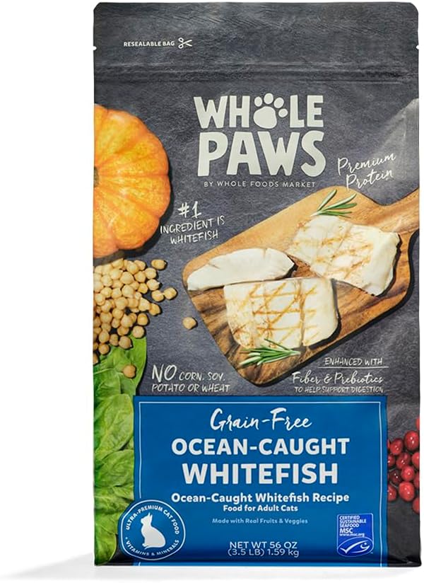 Whole Paws, Grain-Free Dry Adult Cat Food, Ocean-Caught Whitefish Recipe, Made with Real Fruits & Vegetables, 3.5 lb