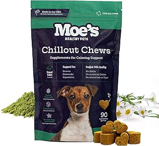 Moe’s Calming Chews for Dogs 90ct – Natural Anxiety Relief with Hemp, Chamomile, and Tryptophan – Calming Dog Treats for Separation, Fireworks, Travel and Storms (Peanut Butter)