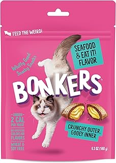 Bonkers Cat Bites, Crunchy & Soft Seafood & Eat It! Flavor Treats, Low Calorie, Training or Food Topper, 6.3 oz / 180g Resealable Bag for All Breeds and Ages