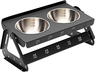 Elevated Dog Bowls with 2 400ml Stainless Steel Bowls for Small Medium Dogs Cats, 3.35''-6.3'' Height Adjustable and 15° Tilted Adjustment Raised Stand, Lifted Pet Food & Water Feeder