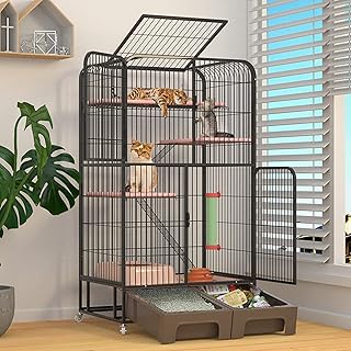Cat Cage - Heavy Duty Dog Crate Strong Metal Dog Cage Dog Kennels Cat House Cat Condo Folding Metal Crate Cage for Medium and Large Dogs Pet Playpen Indoor Outdoor with Four Wheels (Black Four Laye