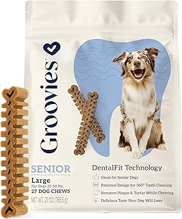 Groovies Gentle & Flexible Senior Dog Dental Chews, Contact-Cleaning Design Supporting Tartar Control & Fresh Breath, Oral Care Treats, USA Manufactured, Patented DentalFit Tech, Large Dogs, 27 Chews