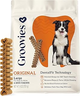 Groovies Flexible, Built to Last Dog Dental Chews, Contact-Cleaning Design Supporting Tartar Control & Fresh Breath, Oral Care Treats, USA Manufactured, Patented DentalFit Tech, Large Dogs, 6 Chews