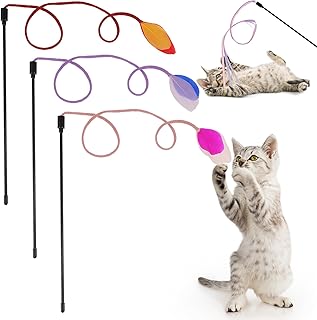 simarro 3 Pcs Cat Feather Wand Toys, Interactive Cat Teaser Wand Toy for Indoor Cats Adult, Colorful Feather Kitten Cat Stick Toys for Indoor Cats Play Chase Exercise