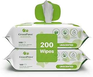 Premium Unscented Dog Wipes for Paws and Butt 200 Count - Compostable, Plant Based Dogs and Cat Wipes, Strong Grooming Pet Wipes for Dogs and Cats - Use on Body, Bum, Ear & Paws (Pack of 2)