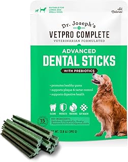 Dr. Joseph's Vetpro Complete Advanced Dental Sticks with Prebiotics, 15 Sticks, Cleans Teeth, Freshens Bad Breath, and Supports Gut Health, Target Tartar and Plaque Build Up, Veterinarian Formulated