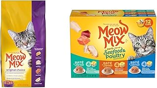Meow Mix Bundle: Original Choice Dry Cat Food 6.3 Pound Bag + Paté & Shreds Wet Cat Food Seafood & Poultry Favorites Variety Pack 2.75 Ounce Cups (Pack of 12)