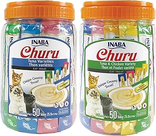 Bundle INABA Churu Cat Treats, Lickable, Squeezable Creamy Purée with Vitamin E & Taurine, 0.5 Ounces Each Tube, Tuna & Chicken Variety and Tuna Variety 100 Tubes Total