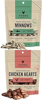 Vital Essentials Freeze Dried Minnows (0.5 oz) & Chicken Hearts Cat Treats (0.8 oz) Bundle