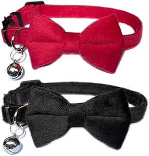 Pack of 2 Cat Collar with Bells, Bow Tie Removable, Breakaway Safety Buckle, Soft Velvet Cute, Adjustable for Girl Boy Kitty Kitten Small Pets, 7"-11"