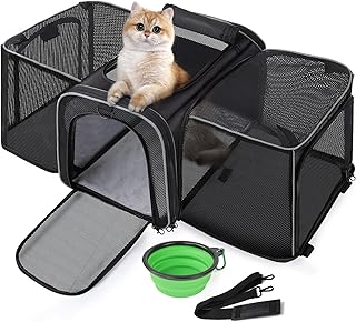 Pecute Cat Carrier Expandable, Extra Large Pet Carrier Bag, Foldable Cat Carrier Bag with Breathable Mesh, Pet Carrier Transport Bag for Dogs and Cats, with Shoulder Strap and Pet Bowl, Black