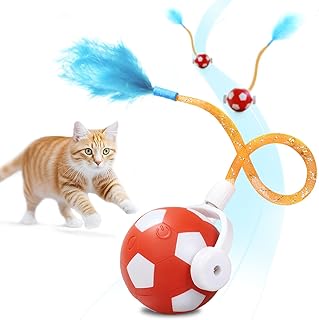 Interactive Cat Toys with Feather Snappy Tail for Bored Indoor Adults Cats, Safe Rolling Toys Ball with 3 Models, Automatic Cats Toy for Any Floor, Electric Moving Cat Enrichment Toy