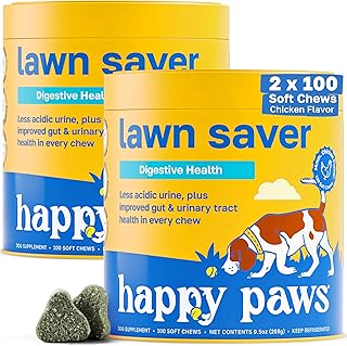 Happy Paws Lawn Saver Supplement, Probiotics for Dogs to Help Grass Stay Green & Prevent Lawn Burn, Digestive Health Support with Antioxidants & Fiber, Vegan Chicken Flavor, Non GMO, 200 Soft Chews