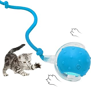 Electric Interactive Cat Toy Ball - Automatic Rolling Silicone Cat Toys for Indoor Cats, Durable Chew-Proof Motorized Kitty Ball with LED Light, Fun Exercise Toys for Bored Kittens（Blue）
