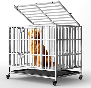 37" Heavy Duty Dog Crate, Escape Proof Stainless Steel Dog Kennel with Top Opening, 4 Lockable Wheels, Easy Clean Metal Dog Cage for Medium-Large/Anxious Dogs
