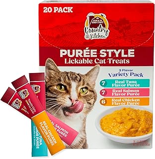 Country Kitchen Puree Lickable Cat Treats, 3 Flavor Variety Pack, Tuna, Salmon and Chicken, Made with Real Meat, 5 oz Tubes, 20 Count