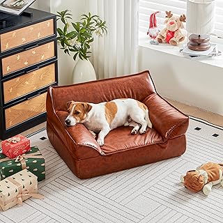 Brown Leather Dog Couch Bed for Small Dogs Under 50 lbs, 31.5 Inch Mid-Century Modern Elevated Dog Sofa Indoor Furniture Style Pet Sofa Bed (Medium)