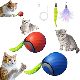 2026 Upgraded Self-Moving Cat Toy Ball with Tail (2-Pack) - Rechargeable Smart Interactive Kitten Toys, 2-Speed Modes, Bite-Resistant Indoor Exercise Toys for Bored Cats (Blue&Orange)