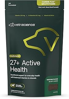 VetriScience 27+ Active Health Chews,Canine Plus Daily Multivitamin for Puppies and Adult Dogs,Balanced Vitamins,Minerals & Antioxidants,Health and Wellness Support,Veggie,30 Count (Pack of 12)