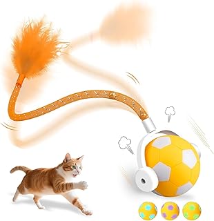 XRG Interactive Cat Toys for Indoor Cats, Automatic Moving Cat Ball Toy with Mesh Tail & Feather, Motion Activated Kitten Toy for Bored Adult Cats, Two Metal Bells, Low Noise Design(Yellow and Orange)