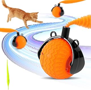 Interactive Cat Toys Indoor,Automatic Moving Pet Cats Ball,Chaseing Hunting Toy for Kitten, Cat Mouse Tail Toy,3 Stimulating Modes and USB Recharge(2 Tails) Orange