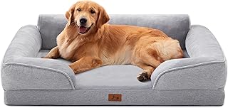 Orthopedic Dog Beds for Large Dogs, Waterproof XL Pet Couch Bed with Soft Sides, Washable Dog Sofa with Flannel Removable Cover, 42" L Supportive Egg-Crate Foam Pet Sofa, Light Grey