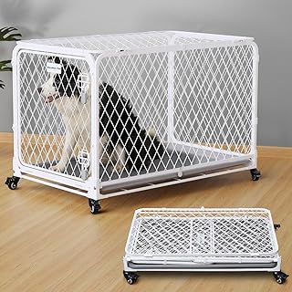 Gardner Pet 36 Inch Collapsible Diamond Mesh Dog Kennel, No Assembly Metal Dog Crate with 4 Lockable Wheels,Removable Tray,Portable Dog cage for Medium Dogs(80-100 lbs) Indoor Outdoor Use