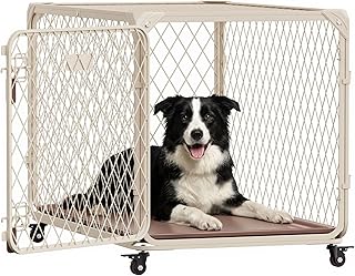 36 Inch Dog Crate with Lockable Wheel, Diamond Mesh Metal Dog Kennel Cage with Double Secure Latch & Leak-Proof Tray, Escape-Proof Dog Crates for Medium Dogs Breeds, Dogs up to 100 lbs