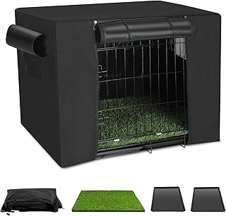 Dog Crates Kit with Artificial Grass and Dog Crates Cover, 27 Inch Double Door Collapsible Metal House for Dogs and Cats, Dog Cage with Leak-Proof Pan Tray, Travel, Indoor and Outdoor Dog Kennel