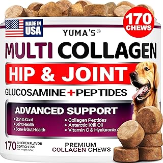 Advanced Collagen for Dogs - 170 Dog Collagen Chews - Hip and Joint Supplement - Skin & Coat Health, Cartilage & Mobility Support - Multi-Collagen Peptides - Glucosamine, Vitamin C, Hyaluronic Acid