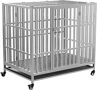 37" 42" 48" Heavy Duty Dog cage Stainless Steel Metal Kennel and Crate, Collapsible for Medium to Large Dogs, Easy to Assemble pet Pen with Four Lockable Wheels, Black Tray(37in)
