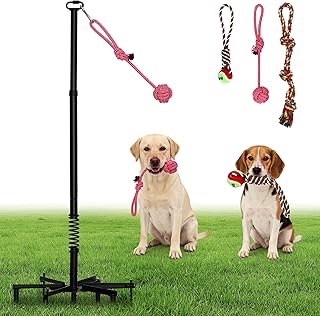 Tether Outdoor Dog Rope Toy with Chew Rope,Tug of War Interactive Pull Pet Toys with Strengthen Spring Pole, Adjustable Height,Extra-Stable Base,3 Tug Balls,Suitable for Large Medium Small Dogs