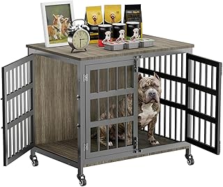 33" Dog Crate Furniture for Medium & Small Dogs with Wheels, Heavy Duty Dog Cage, Indoor Puppy Crate, Wooden Dog Kennel Table, 32.6" L x 22.8" W x 25.8" H, Decorate House as End Table — Grey