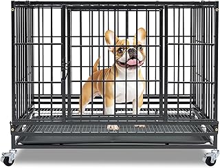 Stackable 36 Inch Dog Crate, Heavy Duty Indestructible Cage Escape Proof Collapsible Kennel with Open Top, Lockable Wheels, Removable Tray & Metal Grid for High Anxiety Medium/Small Dogs