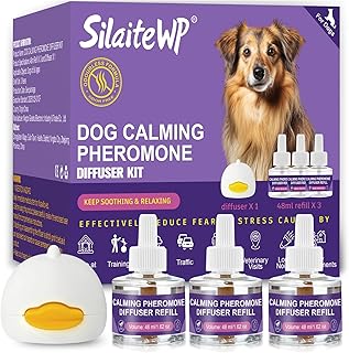 Calming Pheromone Diffuser for Dogs, 1 Diffuser 3 Refills, Relieves Separation Anxiety, Stress, Barking, and Chewing Calming Relaxation (1)
