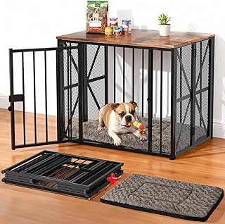 Dog Crate Furniture Foldable with Dog Bed Mat, 27" No Assembly Decorative Dog Kennel Indoor, Heavy Duty Small Collapsible Dog Crates for Small Dogs (Under 25 lb), Wooden Dog Cage
