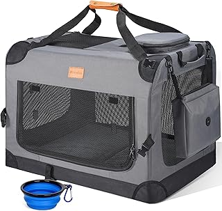 Morpilot 32-inch Portable Collapsible Dog Crate: Travel Dog Crate Soft-Sided for Medium Large Dogs up to 70lbs, with Foldable Bowl, Shoulder Strap & Storage Pockets, Grey