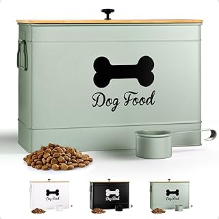 Dog Food Container Airtight 15 lb (50 Cup) Capacity with Metal Scoop - Cute Airtight Dog Food Storage Container with Bamboo Lid - Green Metal Kibble Storage Bin for Dogs up to 100 lbs - Big Pet Jar
