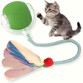 JBD Interactive Cat Toy Ball for Indoor Cats-Silent Automatic Rolling & Self Moving Electric Kitten Toys, USB Rechargeable Smart Ball with Tail, Motion Activated Hunting Exercise for Bored Cats Green