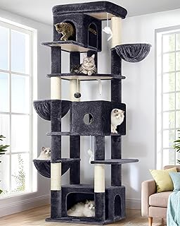 Globlazer Large Cat Tree, 80 inch Multi-Level Tall Climbing Tower Kitty Condos Cat Scratching Tower for Indoor Multiple Large Adult Cats Kittens with 3 Cat Caves, 3 Hanging Baskets, F80F, Dark Grey