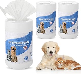3 Pack 240 Count Pet Grooming Wipes for Dogs and Cats Pet Wipes Jar Bottle Deodorizing Cleansing and Unscented Large Non Woven for Paws Faces Skin Folds Bums