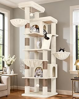 Globlazer Extra Large Cat Tree Tower 80in XXL Tall Cat Tree for Multiple Indoor Cats Large Adult Kittens with Scratching Posts, 2 Widened Perches, Adjustable Baskets, 2 Cozy Cat Condos, S80G, Beige