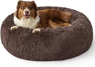 Bedsure Calming Dog Beds Large Sized Dog - 36in Donut Washable Large Pet Bed,Anti-Slip ＆Removable Cover,420GSM Round Anti-Anxiety Fluffy Plush Faux Fur Bed, Fits up to 80 lbs Pets,Plus Version