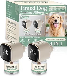 Dog Calming Pheromones Diffuser 4 in 1 Appeasing Relaxing Diffuser with Timing Function Pet Kit (2 Plug in +2 Refill 48ml) for Anxiety Relief Reduce Aggression Barking Fighting Stress (Tasteless)