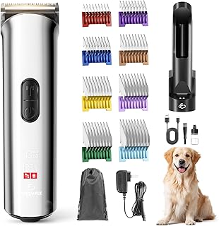 Professional Dog Grooming Clippers with Charging Dock, 5-in-1 Adjustable Blade Cordless Pet Grooming Kit 5 Speed Rechargeable Trimmer Hair Shaver with Detachable Metal Guide Combs for Animal