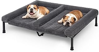 Veehoo Fluffy Plush Double Dog Couch Bed for Two Medium Dogs, Washable Elevated Dog Beds with Removable Bolster Cushion, Cooling Raised Pet Cot with Breathable Mesh, No-Slip Feet, 53 x 37 inches, Grey