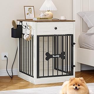 24.6'' Dog Crate Furniture with Charging Station, Dog Kennel Indoor with Flip-Top Storage, Wooden Pet Cage Dog House End Side Table for Small Dogs Anti-Chew Anti-Escape, White Brown DFC90114B